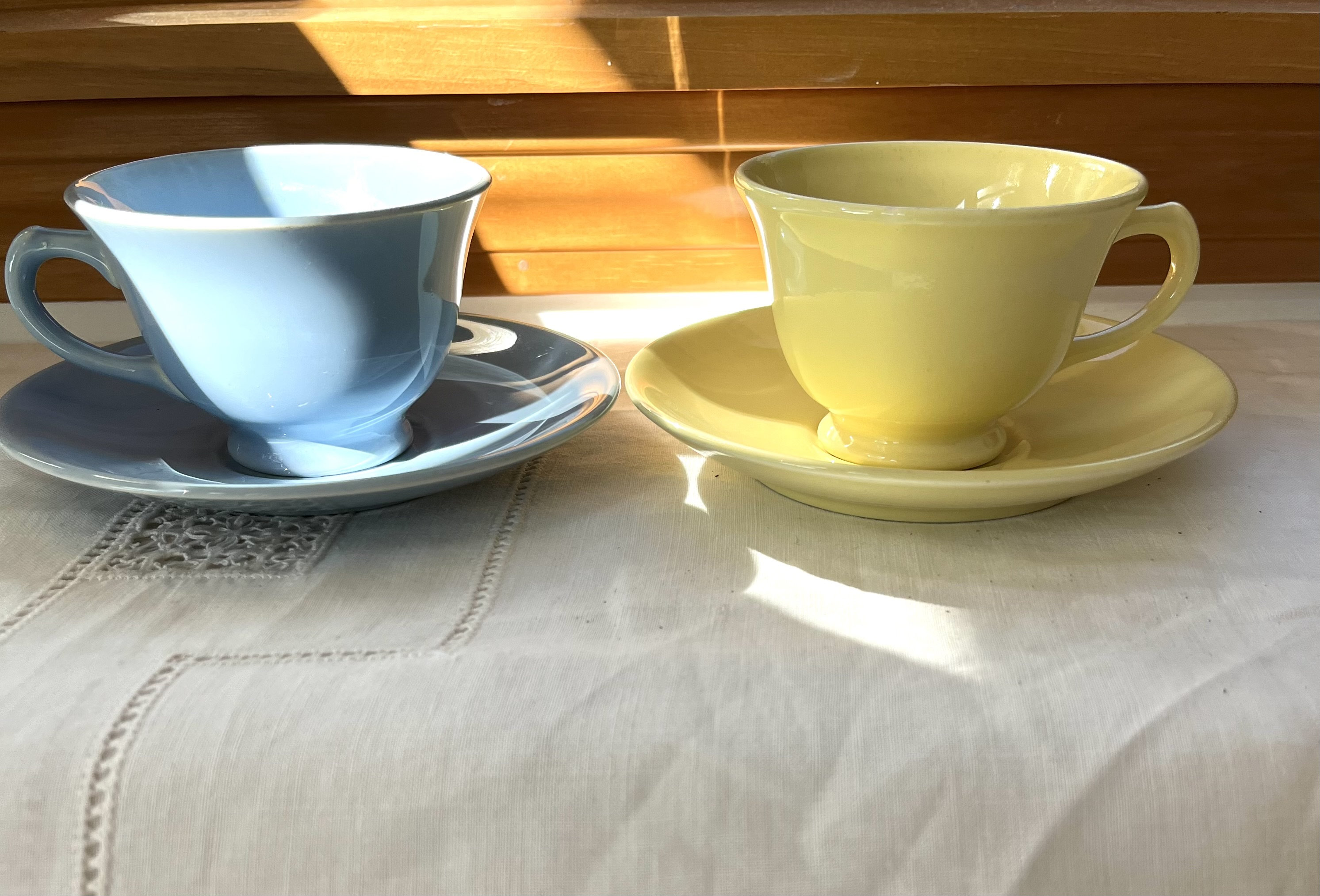 LuRay Vintage Teacup and Saucer in Yellow and Blue Pastels I LuRay Retro 1940's 1950's Pastel Tea Cup