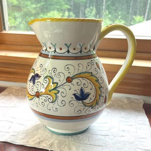 Deruta Italy Pitcher | Hand-Painted Floral Ceramic | Majolica Pitcher I Fatto a Mano Italy I Blue & Yellow Floral I 7 3/4”