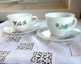 Fire King Red and Blue Tea Cup and Saucer I Vintage White Flowered Fire King Teacup