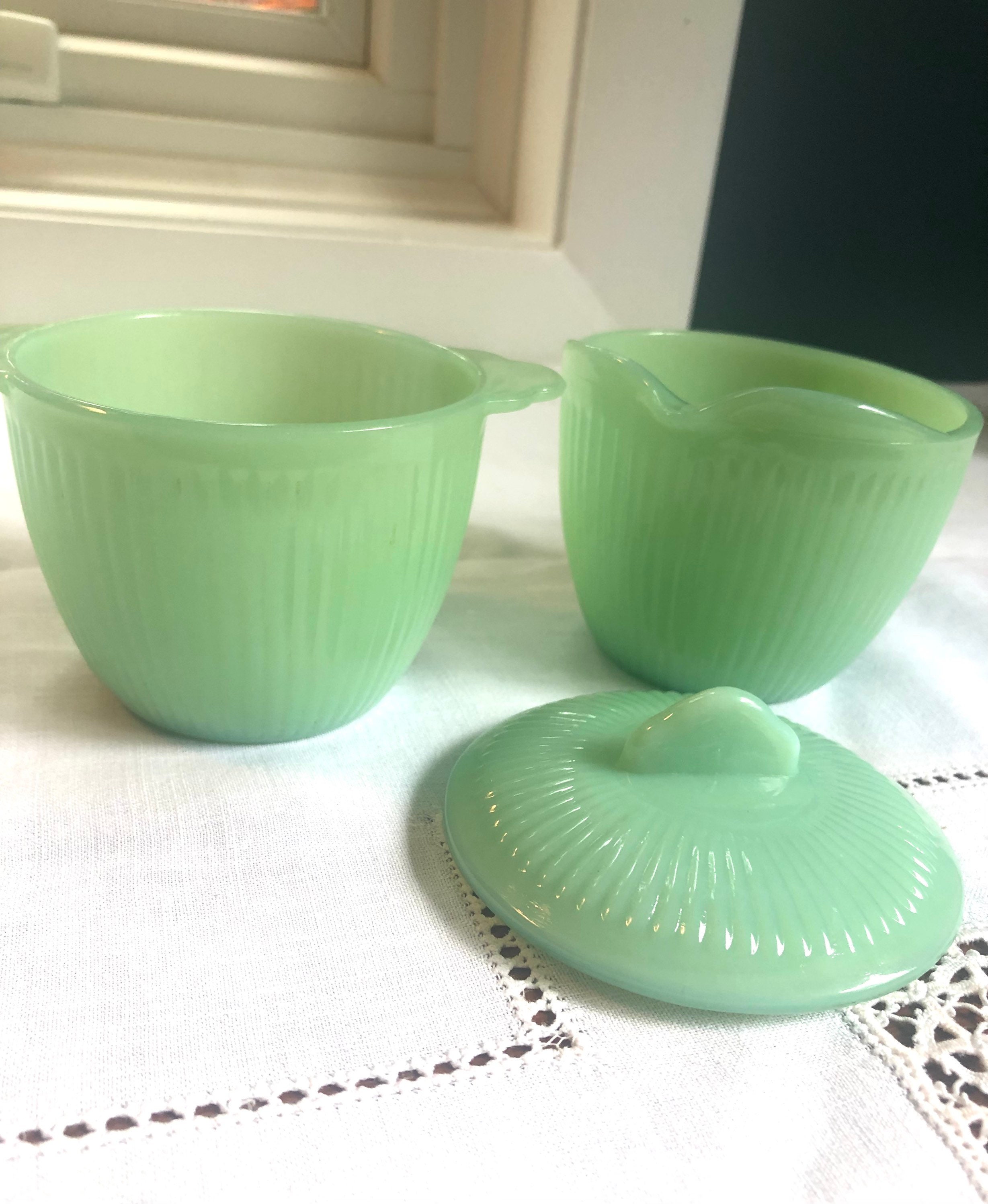 Vintage Fireking Jadeite Jane Ray Cream and Sugar Bowl Set Etsy