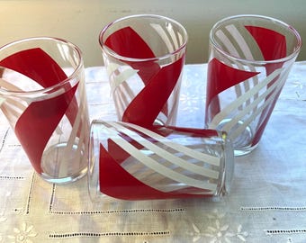 Swirl Juice Glasses 3 3/4"  I Drink Glass I Red and White MCM Swirl