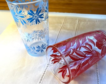 Vintage 8 Oz Juice Glass. Blue & White and Red Floral Mid-Century Anchor Hocking Glassware