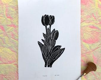 Handmade Tulip Lino Cut Block Print