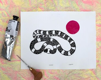 Phases of the Moon Wall Art Esoteric Serpent with Moon Phases Print Linoprint Snake Wall Art Moon Phase Snake Art in Lino Print style