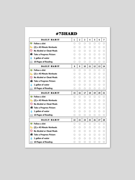 75 Hard Challenge Habit Tracker & Printable Instant Download - Etsy