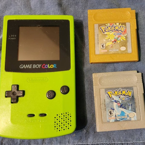 Vintage Original 1998 Nintendo Kiwi Green Game Boy Color handheld game console with two  authentic games. Pokemon Gold & Silver versions