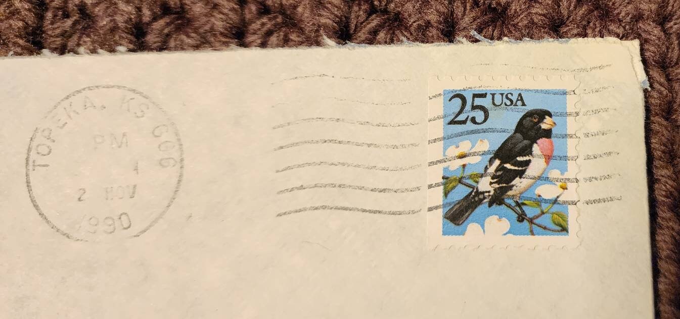 US, Cancelled 25 Cents Stamp, and Envelope. Rose Breasted Grosbeak