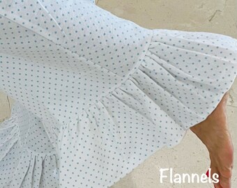Bas de pyjama en flanelle à volants : blanc à pois bleus