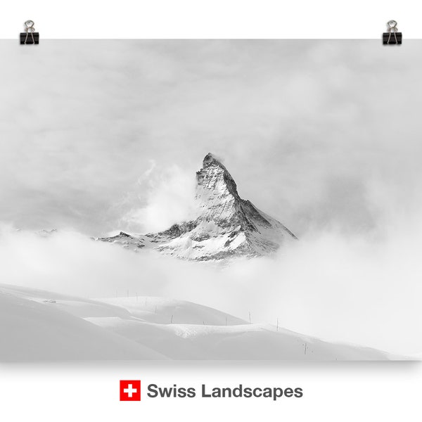 Matterhorn in white - clouds and winter - photography print in black and white colours, Zermatt, Switzerland