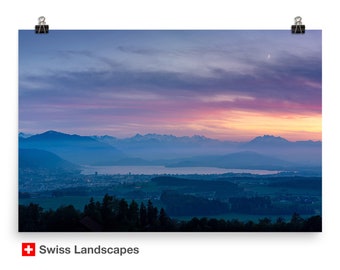 Zug and Cham in the evening - Panoramic shot of the Swiss Alps - Pilatus, Lucerne, Schwyz - calm photo on a matte paper