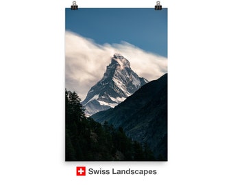Matterhorn in clouds -  Zermatt Switzerland - mountain after sunset - the most iconic landmark of the Swiss Alps on a poster