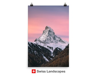 Matterhorn - Pink Morning - nostalgic photo from Zermatt, Switzerland - wall decor for living room or bedroom, high quality print poster