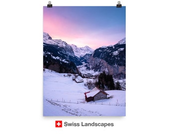 Wengen and Lauterbrunnen valley in snow - Winter, alpine landscape of Bernese Oberland - Switzerland travel souvenir - Print