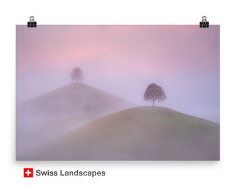 Three lonely trees on hilltops - moody and nostalgic photography with fog and mist - Zurich, Switzerland - foggy and misty drumlins