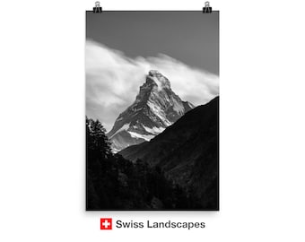 Matterhorn in clouds - Zermatt Switzerland - mountain after sunset - the most iconic landmark of the Swiss Alps on a poster