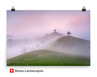 Lonely trees on hilltops - moody and nostalgic photography with fog and mist - Zurich, Switzerland - foggy and misty drumlins