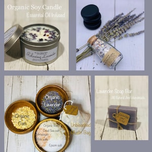 May include: A lavender-themed bath and body gift set with a soy candle, soap bar, bath salts, and a muslin bag. The candle is labeled "Relaxing Lavender" and the soap bar is labeled "Lavender bay soap".
