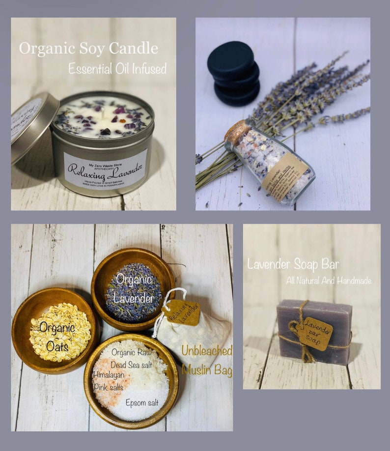 May include: A lavender-themed bath and body gift set with a soy candle, soap bar, bath salts, and a muslin bag. The candle is labeled "Relaxing Lavender" and the soap bar is labeled "Lavender bay soap".