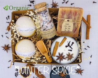 Winter Spice Spa Kit,Organic Bath And Spa Gift Set, Bath Bombs, Handmade CP Soap, Organic Salts and Spices, Handmade Soy Candle(8oz),