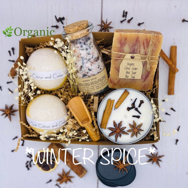 Winter Spice Spa Kit,Organic Bath And Spa Gift Set, Bath Bombs, Handmade CP Soap, Organic Salts and Spices, Handmade Soy Candle(8oz),