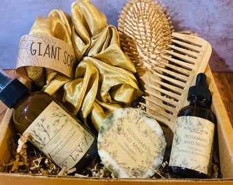 Rosemary Mint Hair Care Gift Set: Shampoo Bar, Oil, Mist & Bamboo Comb