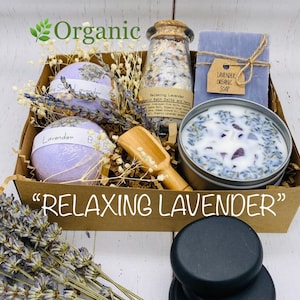 Ensemble spa biologique relaxant à la lavande, ensemble spa apothicaire infusé aux huiles essentielles de lavande, boîte de soins, ensemble spa à la maison, ensemble cadeau spa,