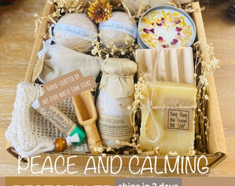 Organic Spa Gift Set, Peace and Calming Large  Spa Set, Organic Bath Salts,Handmade Soy Candle(8Oz),