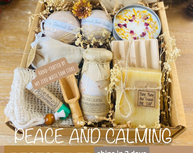 Organic Spa Gift Set, Peace and Calming Large  Spa Set, Organic Bath Salts,Handmade Soy Candle(8Oz),
