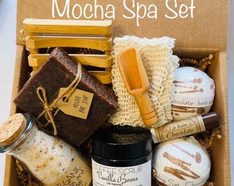 Mocha Spa Gift Set, Vanilla Bean Coffee Scrub, Chocolate Lip Balm, Soap, Salts
