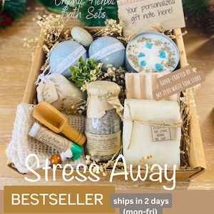 Organic Spa Gift Set, Stress Away Spa Set, Organic Bath Salts,Handmade Soy Candle(8Oz),Large Spa Gift Basket