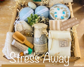 Organic Spa Gift Set, Stress Away Spa Set, Organic Bath Salts,Handmade Soy Candle(8Oz),Large Spa Gift Basket