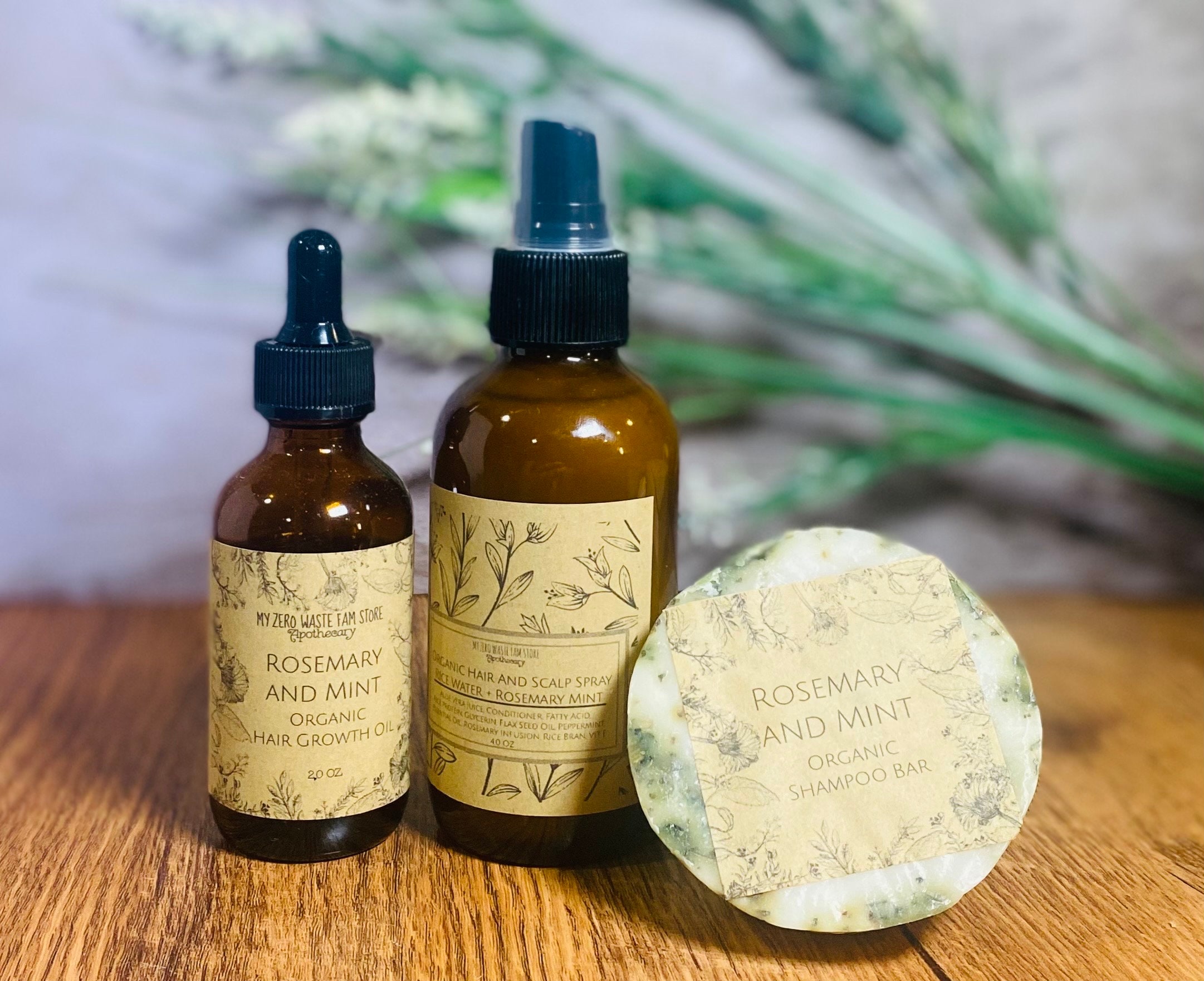 Rosemary Mint Hair Care Gift Set: Shampoo Bar, Oil, Mist & Bamboo