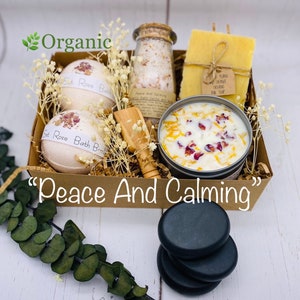 Organic Spa Gift Set, Peace and Calming Spa Set, Organic Bath Salts,Handmade Soy Candle(8Oz), Artisan CP Soap, Bath bombs , essential oils,