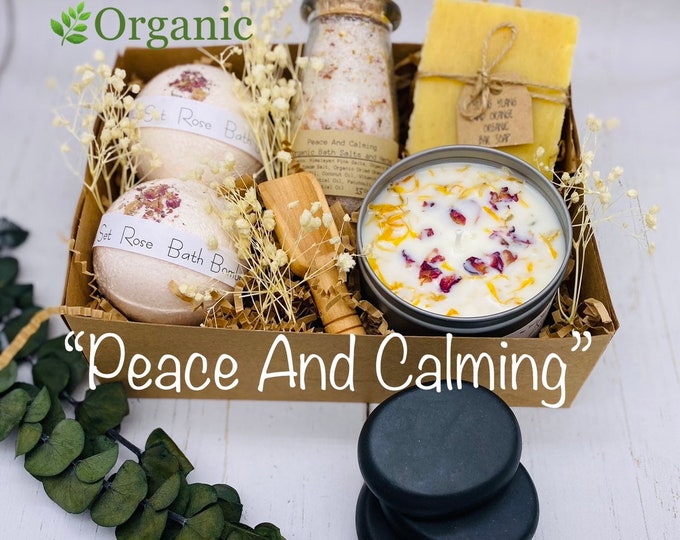 Organic Spa Gift Set, Peace and Calming Spa Set, Organic Bath Salts,Handmade Soy Candle(8Oz), Artisan CP Soap, Bath bombs , essential oils,