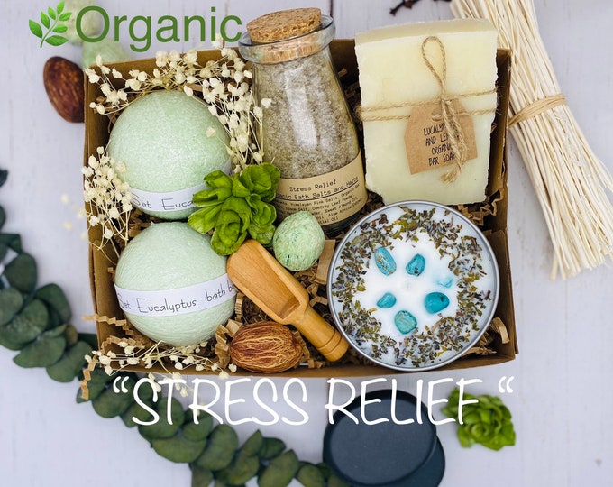 Stress Relief Organic Spa Gift Set, Eucalyptus and Spearmint Essential oils Infused Apothecary Healing  Collection, Spa gif box