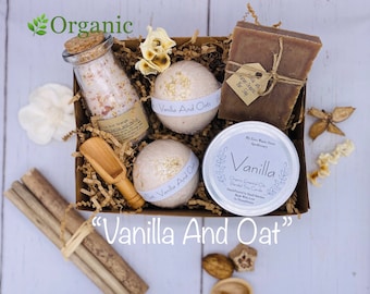 Organic Spa Kit, Vanilla and Orange Spa Set, Vanilla Soy Candle (8oz), Vanilla Orange Bar Soap, Bath Salts and Bath Bombs, Spa Gift Set
