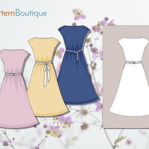 May include: Illustration of three dresses in pink, yellow, and blue, each with a belt at the waist. A white dress is shown on the right. The text "Pattern Boutique" is at the top left.