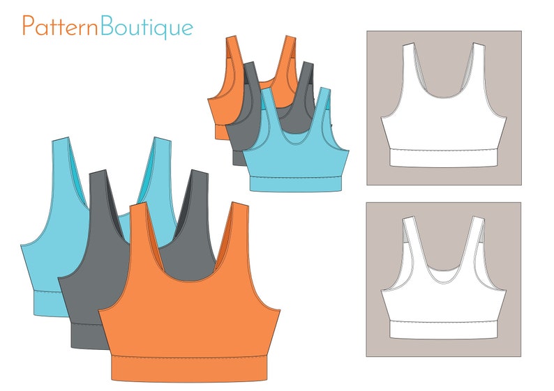 May include: Three different sports bras in orange, gray, and blue. The bras are shown in a flat lay with the straps up. The bras are all the same style, with a scoop neck and a racerback.