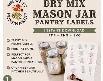 Digital Print | Dry Mix Labels for Mason Jar Lids | 27 Recipe Labels | Instant Download PDF PNG | Kitchen Organization