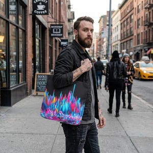 May include: A black tote bag featuring a vibrant, abstract graphic print of vertical, colorful streaks in shades of neon pink, electric blue, and bright yellow, set against a dark background, carried on the shoulder with a dark jacket and jeans.