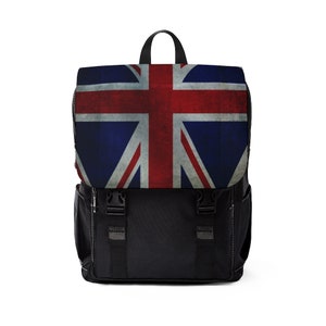 May include: A black backpack with a Union Jack flag design on the front flap. The flag is distressed and faded, giving it a vintage look.