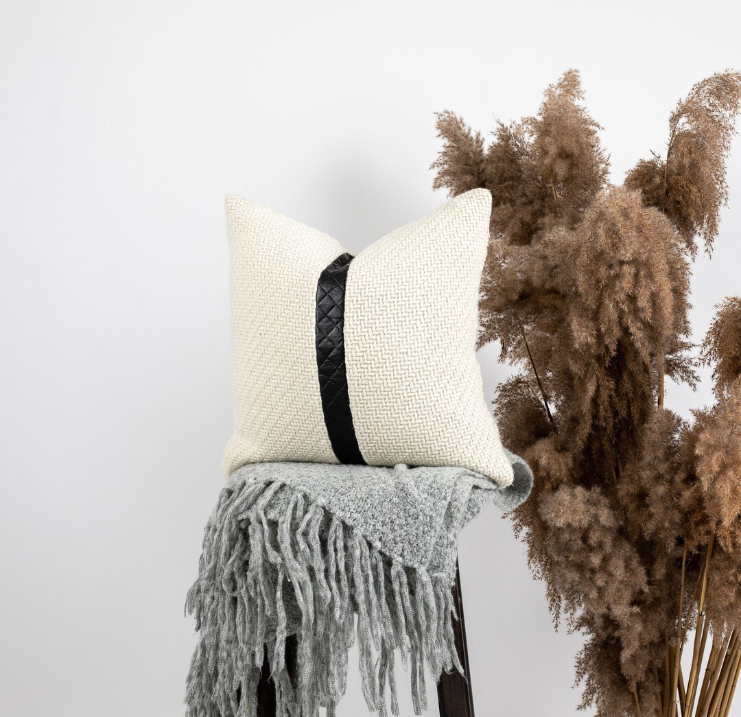 Textured Cream Pillow Cover With Faux Leather Accent 16x16 Etsy