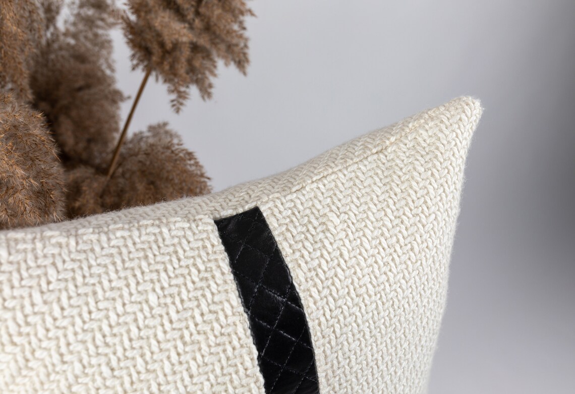 Textured Cream Pillow Cover With Faux Leather Accent 16x16 Etsy