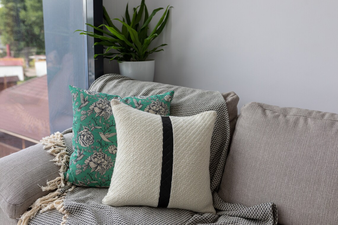 Textured Cream Pillow Cover With Faux Leather Accent 16x16 Etsy