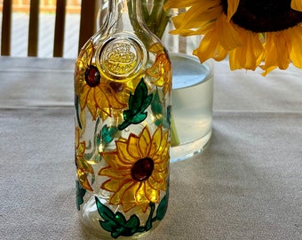 Hand painted bottle ,sunny sunflowers, bottle with lights,sunflower ,perfect gift