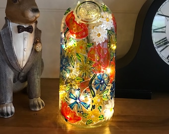 Hand painted bottle ,wild flowers, bottle with lights, perfect gift