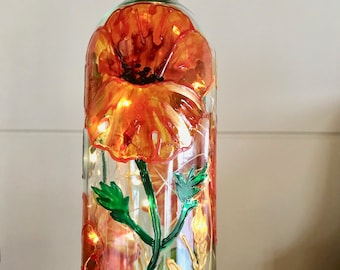 Hand painted poppy bottle with lights
