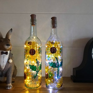 Hand painted bottle ,sunflowers and hearts,bottle with lights,sunflower ,perfect gift