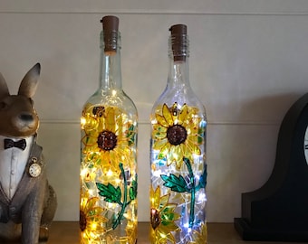 Hand painted bottle ,sunflowers and hearts, painted bottle with led cork lights,sunflower ,perfect gift