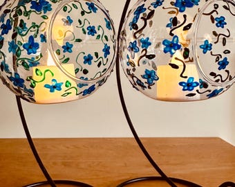 Hand painted tea light holder ,Forget me not, tea light holder, candle holder on stand ,perfect gift